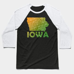 Colorful mandala art map of Iowa with text in green and orange Baseball T-Shirt